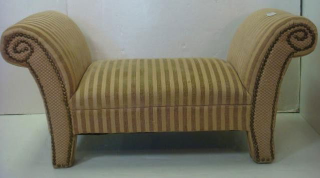 Small Rolled Arm French Influenced Bench: Small Rolled Arm French Influenced Bench: Striped Gold on Gold Material Accented in Metal Brads. Use as Window Seat. 40"W X 19"T X 16"D. (80-140)