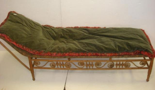 Victorian Scroll Bamboo Frame Chaise Lounge: Victorian Scroll Bamboo Frame Chaise Lounge: Oak Frame with Scrolled Bamboo Supports. Fabric Covered with Loose Fringe Edge Down Full Length Cushion and Patterned Tapestry Pillow. 74"L X 27"W. (120-25