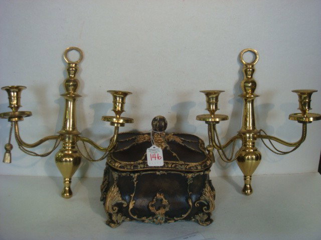 Pair of Brass Double Arm Sconces and Cigar Box:: Pair of Brass Double Arm Sconces and Cigar Box: Brass Sconces with Draped Brass Cords are 12"T. Composition Cigar Box by GURKHA Cigar Company. Held Holy Grail Cigars, Said to be One of the Best. (40-6