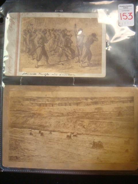 2 Civil War Cabinet Cards, Colored Troops & Fort H: 2 Civil War Cabinet Cards, Colored Troops & Fort Hell: 4 1/2" x 6 1/2" Pen and Ink Drawing of "Colored Troops in Battle", On the Firing Line. and 5 1/4" x 8 1/2" Photo of Fort Sedgwick or Fort Hell at