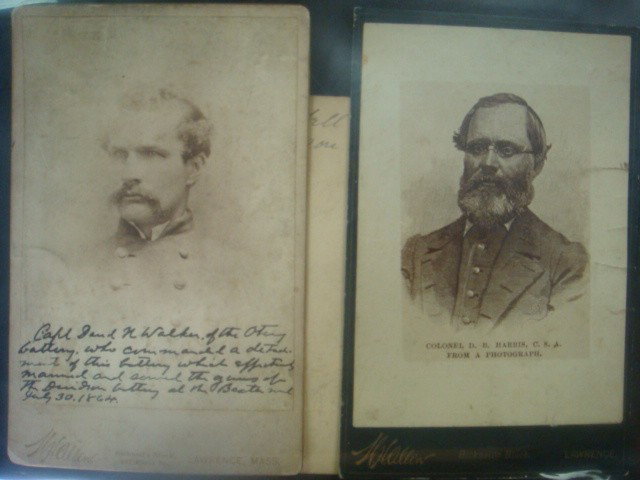 Three Civil War Cabinet Cards, Fort Hell & 2 Offic: Three Civil War Cabinet Cards, Fort Hell & 2 Officers 5 1/4" x 8 1/2" Photo of Interior of Fort Sedgwick, Petersburg Battlefield. and Photos of Col D.B Harris CSA and Capt. David N. Walker Commanded a
