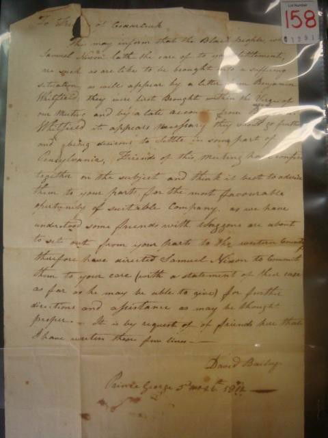 Rare Underground Railroad Document, March 26, 1812: Rare Underground Railroad Document, March 26th 1812: Letter By David Bailey to "Friends of Cedar Creek" stating that the Black People brought by Samuel Nixon "are Like to be Brought into a Suffering S