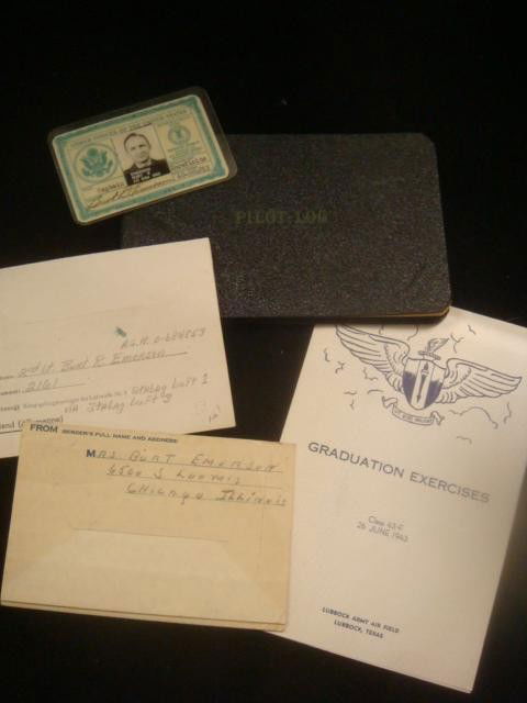 WAR STORIES, POW Letters, Flying Log Cpt. Bert Eme: WAR STORIES, POW Letters, Flying Log Cpt. Bert Emerson: US Army Air Corps Captain Bert Emerson's Flight Log Book, Graduation Program From Flight Training, ID Card , Letter Sent to his Wife and Son Fro