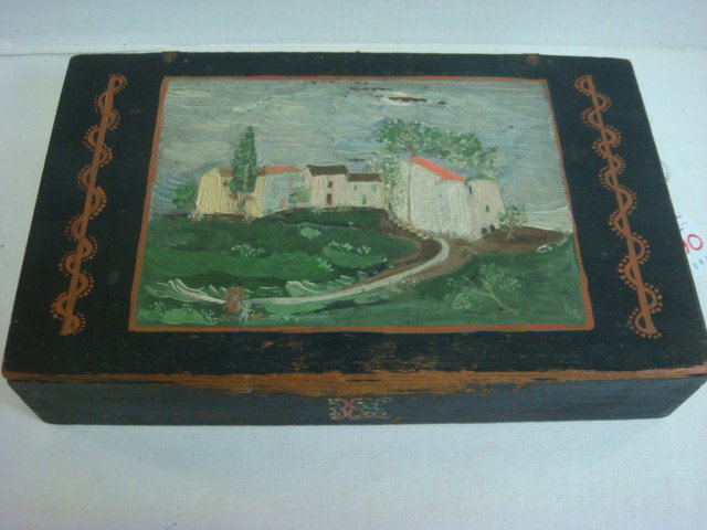Handpainted Scenic Wooden Box:: Handpainted Scenic Wooden Box: Found in Maine Per Consignor. Folk Art Landscape on Hinged Lid of Black Box. Inside Repainted. 12" X 7". (40-60)