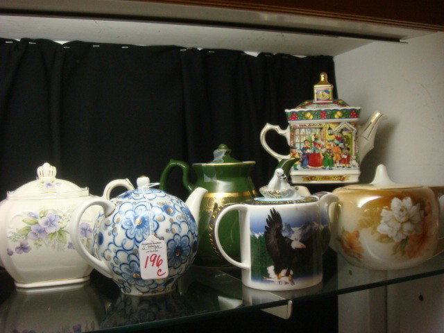Collection of Six Assorted Teapots:: Collection of Six Assorted Teapots: Makers Include Initialed Russian, Cardeu Eagle, RS Germany, Hall, Sadler Violet, Sadler Christmas. Range From 5" to 6 1/2"T. (100-200)