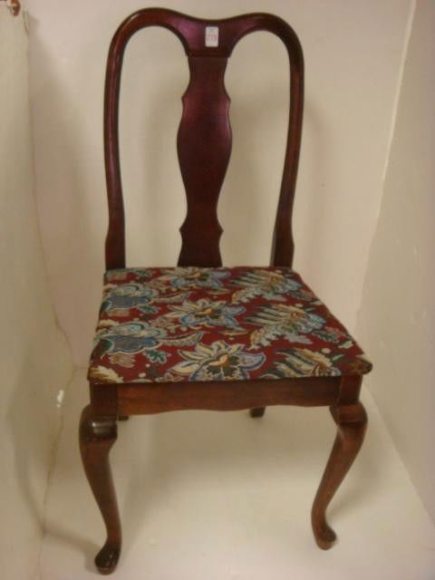 Five Mahogany Upholstered Side Chairs: Five Mahogany Upholstered Side Chairs: Set of 4 Matching Duncan Phyfe 1940's Styling. Also Queen Anne Style T Back with Matching Floral Upholstered Seat. (50-100)