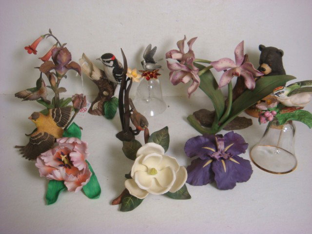 Eleven Porcelain Bird, Flower, Bell, Bear Figurine: Eleven Porcelain Bird, Flower, Bell, Bear Figurines: Royal Worcester Robin and 2 Birds on Metal Stems; Lenox Woodpecker, Tulip and Magnolia; Purple Flower (Missing Stem); 2 Glass Bells with Birds; Orc