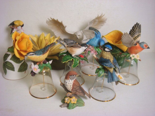 Assorted Bird and Floral Porcelain Figurines, Bel: Assorted Bird and Floral Porcelain Figurines, Bells: Includes Lenox 7"T Snowy Owl, 4"T Wood Thrush, Royal Horticultural Society 4"T Water Lily, Franklin Mint 5"T Calla Lily and Gold Rose Bell, 6 Glass