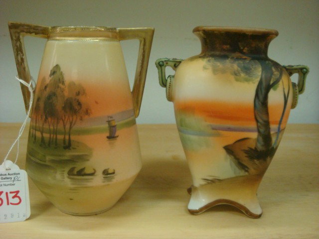 Two Handpainted NIPPON Scenic Vases:: Two Handpainted NIPPON Scenic Vases: 5 1/2" Double Gold Handles. 5 1/2" with Moriage Decoration on Handles. Both with Green Mark. (60-100)
