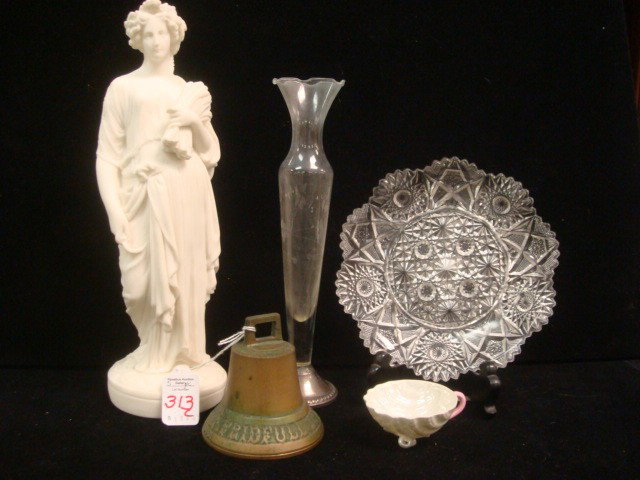 Bell, Shell Cup, Silver Foot Vase, Figurine, Plat: Bell, Shell Cup, Silver Foot Vase, Figurine, Plate: Dutch Brass Bell 3 1/2"T, Iridized Cup 1 1/4"T, 10" Duchin Etched Glass Vase, Sterling Foot. Parian 12" Roman Female Figure. Pressed Glass Plate, Da