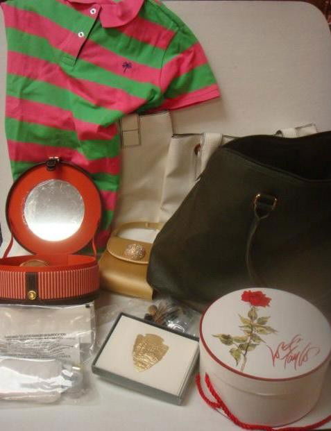 Gray Double Handled Tote and Makeup: Gray Double Handled Tote and Makeup: Lord and Taylor Box, 2 Faux Grain Estee Lauder Totes, Lilly T-Shirt, Note Cards, Gold Evening Bag with Rhinestone Clasp, Estee Lauder Makeup Case with Makeup. (60-