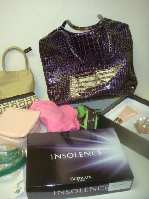 Purple Faux Reptile NEIMAN MARCUS Tote with Makeup: Purple Faux Reptile NEIMAN MARCUS Tote with Makeup: Estee Lauder Makeup Bag, Pink Lilly T-Shirt, Darphin Makeup Bag with Makeup, Guerlain Body Creams, Lacoste and Eliza Belts. (60-100)