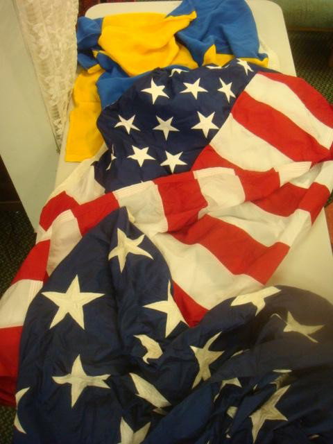 US Navy Flags Ensigns, Blue Union Jack & Signal Fl: US Navy Flags Ensigns, Blue Union Jack & Signal Flag: From USS Austin Final Cruise. US Flags and Jack are Frayed. Signal Flag is Blue and Yellow Squares. (100-250)