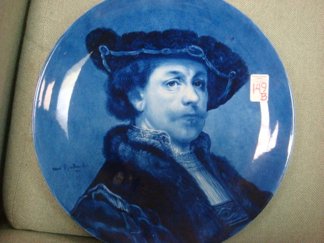 Late 19th C. DELFT Pottery Portrait Plaque: Late 19th C. DELFT Pottery Portrait Plaque: "Self Portrait" by Rembrandt transposed to 13 1/2" Charger. Blue and White Glaze. Impressed and Hand Painted Marks on Back. Metal Hanger. From Historic Ster