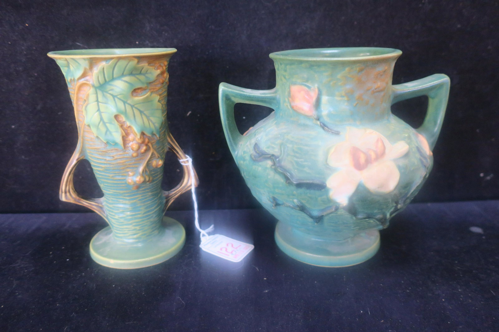 ROSEVILLE POTTERY Magnolia and Bushberry Vases:: ROSEVILLE POTTERY Magnolia and Bushberry Vases: Green Double Handled Magnolia Vase #189-6". CA 1945. Chip on Foot. Double Handled Bushberry Vase #30-6". CA 1948. Very Good Condition with No Chips or C