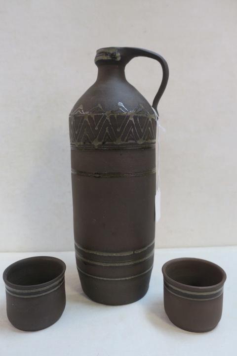 African Brown Clay Jug and Two Cups: (1 of 4)