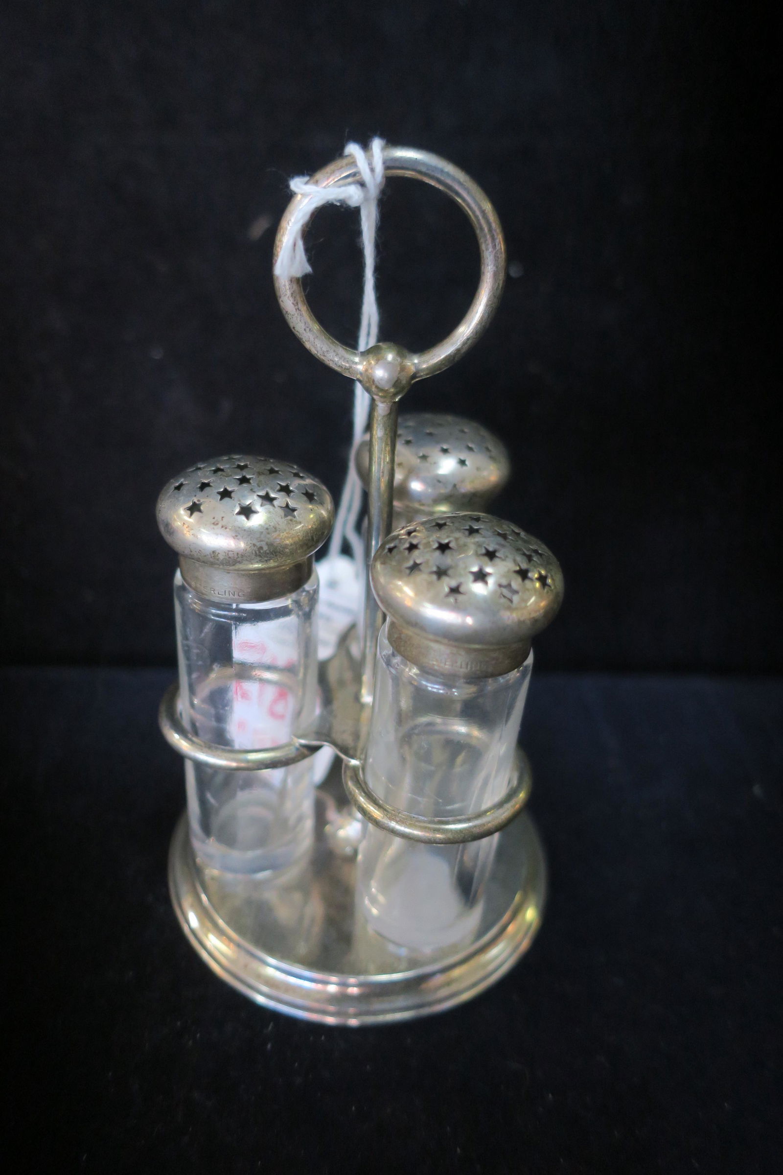 REED & BARTON Sterling and Glass Shakers in Holder: (1 of 3)