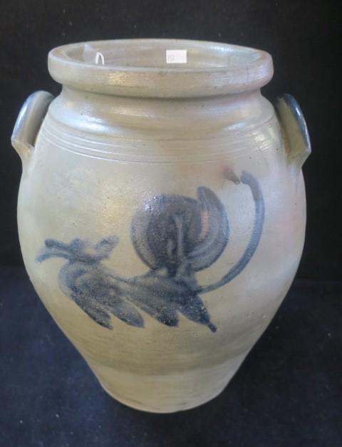 Antique Stoneware Salt Glaze Crock with Blue Flower: (1 of 4)