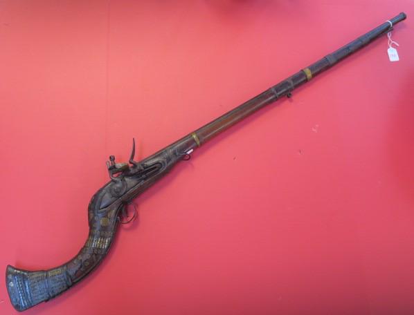 Afghan JEZAIL Flint-lock Smoothbore Musket, CA 1750:: Afghan JEZAIL Flint-lock Smoothbore Musket, CA 1750: Typical of Pashtun Tribe, these Handmade and Very Personal Weapons are made with Intricate Decorations Of Bone and Metal Inlayed into the Stock. Th