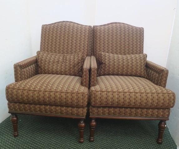 Pair of SHERRIL Living Room Arm Chairs:: Pair of SHERRIL Living Room Arm Chairs: Divine Comfort in These 8 Way Tied Construction Reversible Seat Cushion with Cord Trim, Padded Arms & Back. Bronze Finished Nail Head Trim. Turned Front Legs. P