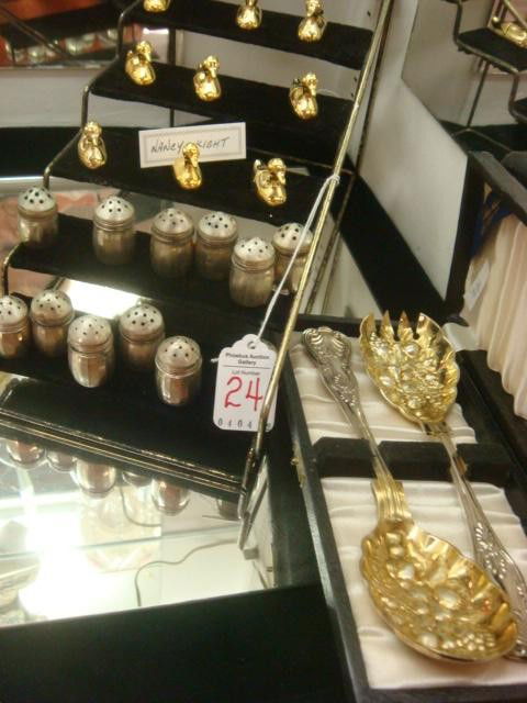 Berry Set, Duck Place Card Holders, Sterling Salts: Berry Set, Duck Place Card Holders, Sterling Salts: William Adams Sheffield England 2 Piece Berry Serving Set with Gold Wash Fruit Motif Bowls in Case. Twelve 1 1/2"L Brassed Metal Duck Place Card Hol