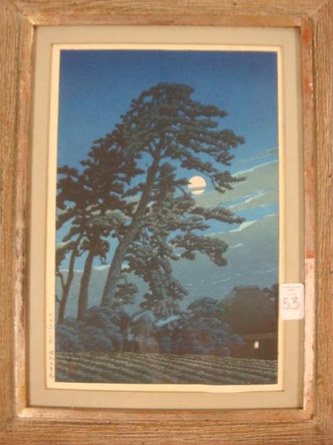 KAWASE HASUI "Full Moon Over Megome" Woodblock Prin: KAWASE HASUI "Full Moon Over Megome" Woodblock Print: Signed KAWASE HASUI, Publisher WATANABE, CA 1931. Image 9 1/2" x 14 3/8", Image Framed to 22" X 17". Fantastic Evocative Image by Japanese Master 