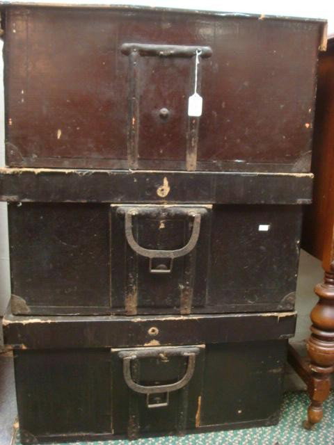 Three Antique Asian Clothing Trunks:: Three Antique Asian Clothing Trunks: Three Stacked Long Drawers, 2 with Deep Bale Handles. Some Age Damage. Each is 27"W X 13"T X 17"D (200-400)