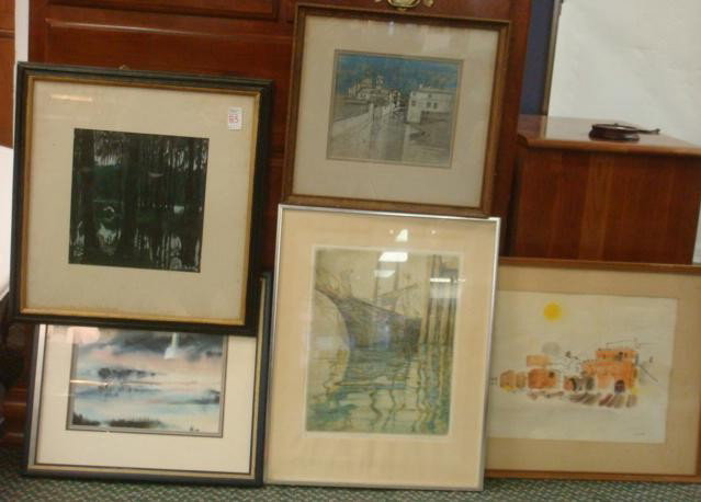 Five Framed Notable Artist Prints: Five Framed Notable Artist Prints: Baltimore Listed Artist, Don Swann Etching, 159/300. Leonette Adler, Tidewater Artist, 1984-.John A McClain Dismal Swamp. Signed Canal Cityscape and Marsh Watercolor
