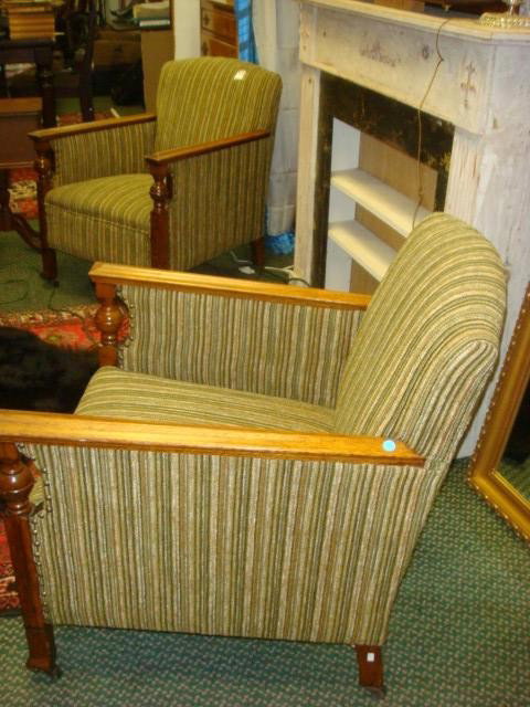 Pair of Oak Framed Upholstered Arm Chairs:: Pair of Oak Framed Upholstered Arm Chairs: Transitional Design From Art Deco to Arts and Crafts. Upholstered Back, Sides and Front in Green/Gold Striped. Solid Oak Arms and Front Square Legs with Spoo