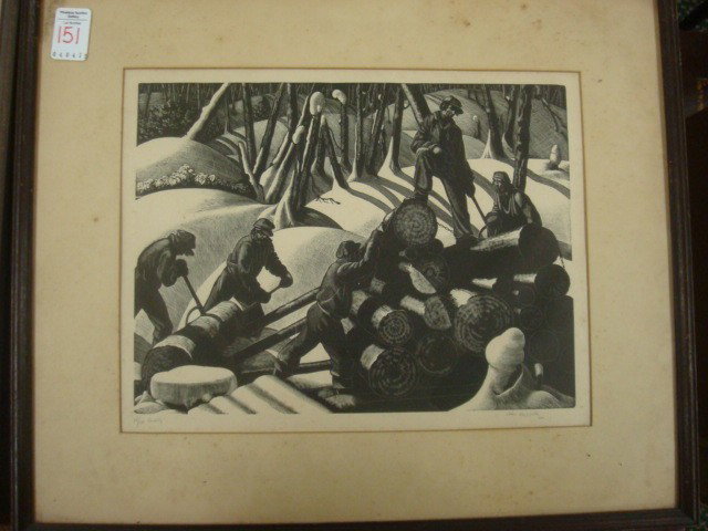 CLARE LEIGHTON 1930's Deco Woodcut "Loading":: CLARE LEIGHTON 1930's Deco Woodcut "Loading": Series on Lumber Camps. Listed Artist, 1898-1989, British/American Regionalist. 11 1/2" X 8". Author and Illustrator. Signed, Numbered and Titled in Penci