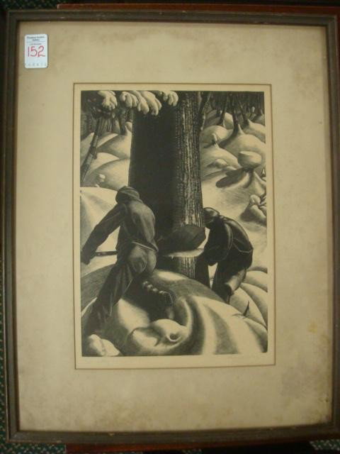 CLARE LEIGHTON 1931 Woodcut, "Cutting":: CLARE LEIGHTON 1931 Woodcut, "Cutting": Series on Lumber Camps. Listed Artist, 1898-1989, British/American Regionalist. 11 1/2" X 8". Author and Illustrator. Signed, Numbered and Titled in Pencil. Edi