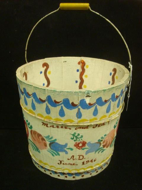 1946 Wooden Fold Art Bucket After PETER HUNT: 1946 Wooden Fold Art Bucket After PETER HUNT: Dedicated to Marie and Jed. Typical Folkloric Tulips and Floral in Primary Colors. Slatted Bucket with Swing Wooden Handle, Mid 20thC, Unsigned. 12"T X 14