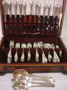 DOMINICK & HAFF Pointed Antique Sterling Flatware: DOMINICK & HAFF Pointed Antique Sterling Flatware 102 pc Eleven Dinner, 13 Salad, 12 Seafood Forks, 22 Teaspoons, 8 Ice Tea, 6 Bullion, 11 Demitasse Spoons, 3 Tablespoons (1 Pierced), 1 Serving