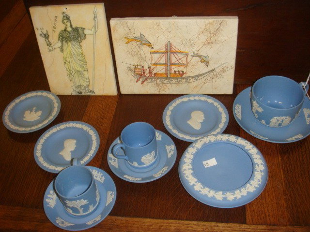 WEDGWOOD Jasperware, Greek Marble and Plaster Plaq: WEDGWOOD Jasperware, Greek Marble and Plaster Plaques: Blue & White Jasperware Teacup, Saucer, Two Demitasse Cups, Saucers, Cupped Ashtray, Three 4 1/2" Plates with Kennedy, Truman and Piccadilly Circ