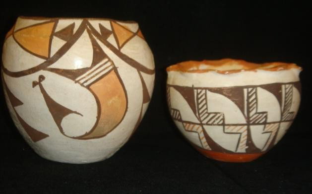 ACOMA Pueblo, NM Indian Hand Painted Clay Vessels:: ACOMA Pueblo, NM Indian Hand Painted Clay Vessels: From the Acoma Pueblo New Mexico, Made by Native Americans. 2 1/4"T Pot with Fluted Rim has Hairline Crack. 3 1/2"T Bowl. All Painted Geometrics in B