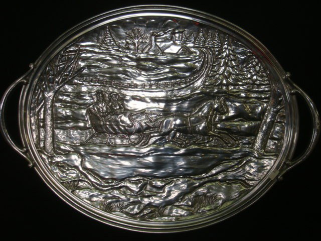 LENOX Cast Aluminum Tray:: LENOX Cast Aluminum Tray: Horse and Sleigh Scene on Wintery Background. Double Handled Tray is 24" X 17". (50-100)