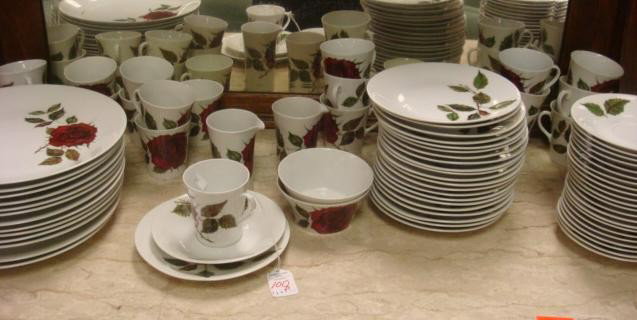 ARABIA Finland Rose Pattern Dinnerware, 82 Pieces:: ARABIA Finland Rose Pattern Dinnerware, 82 Pieces: Thirteen 10" Dinner plates, Twenty Two 6 3/4" Bread Plates, 20 Cups, 23 Saucers, Two 2"T Open Sugars and Two 3 3/4" Creamers. (400-800)
