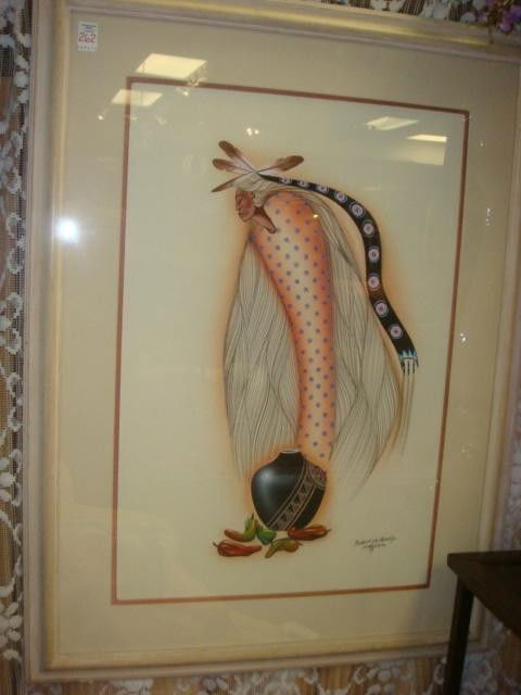 ROBERT REDBIRD JR Native American Original Paintin: ROBERT REDBIRD JR Native American Original Painting: Painting of Native American with Pottery is 20" X 29", Framed and Matted to 30" X 39". Signed Lower Right with EMHEE Below Signature. Kiowa Tribe.