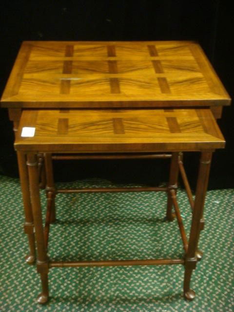 Two Piece BAKER FURNITURE Stacking Tables: Two Piece BAKER FURNITURE Stacking Tables: Bamboo Turned Legs and Box Stretchers, Square Inlay Tops. 21"T, 18"L, 15"W and 22"T, 22"L, 17"W. (80-140)