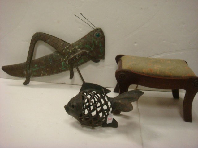 Metal Grasshopper, Fish Candleholder and Stool:: Metal Grasshopper, Fish Candleholder and Stool: Copper Grasshopper Yard Art is 19"T, 23"L. Metal Goldfish Candle Holder has Ring for Hanging. 7"T, 13"L. Upholstered Mahogany Framed Foot Stool is 9"T, 
