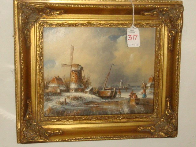 Oil on Board Windmill Scene in Gold Frame: Oil on Board Windmill Scene in Gold Frame: Dutch Windmill with Work Boats and Thatched Roof Cottages. Carved Frame with Pierced Swag Corners. 14" X 12" Overall. (60-120)