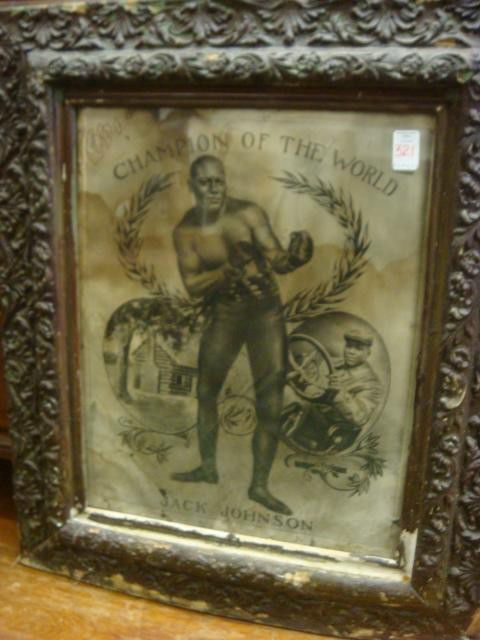 Rare JACK JOHNSON, Championship Fighter Framed Pri: Rare JACK JOHNSON, Championship Fighter Framed Print: Heavyweight "Champion of the World". Printed by Brandt & Scheible, 1909. 24" x 29", Tears, Water Stains. Gesso Acanthus leaf Molded Frame (Damage)
