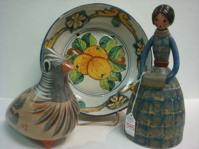 Red Clay Bowl, Mexican Bird and Made in Spain Girl: Red Clay Bowl, Mexican Bird and Made in Spain Girl: Handpainted Glazed Fruit Bowl is 10" Diameter. Handpainted Clay Bird, Signed Dama is 7"T X 8"L. Hollow Mold Matte Finish Girl with Muff is 10"T. (30