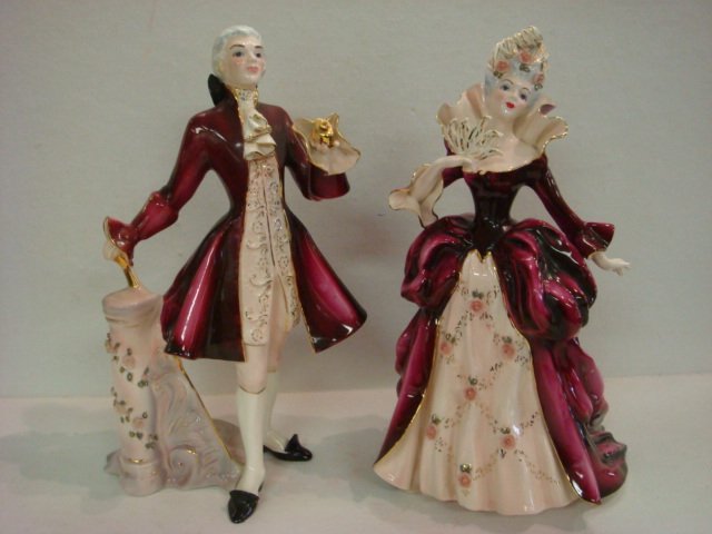Two FLORENCE CERAMIC Porcelain French Figurines:: Two FLORENCE CERAMIC Porcelain French Figurines: Louis XV and Madame Pompadour are 12 1/2"T. Handpainted, Made of Kaolin. Company Started in 1940's by Florence Ward. Noted for Fine Detail. (140-240)