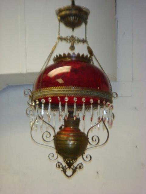 146 Victorian Oil Lamp Chandelier With Ruby Glass Shad