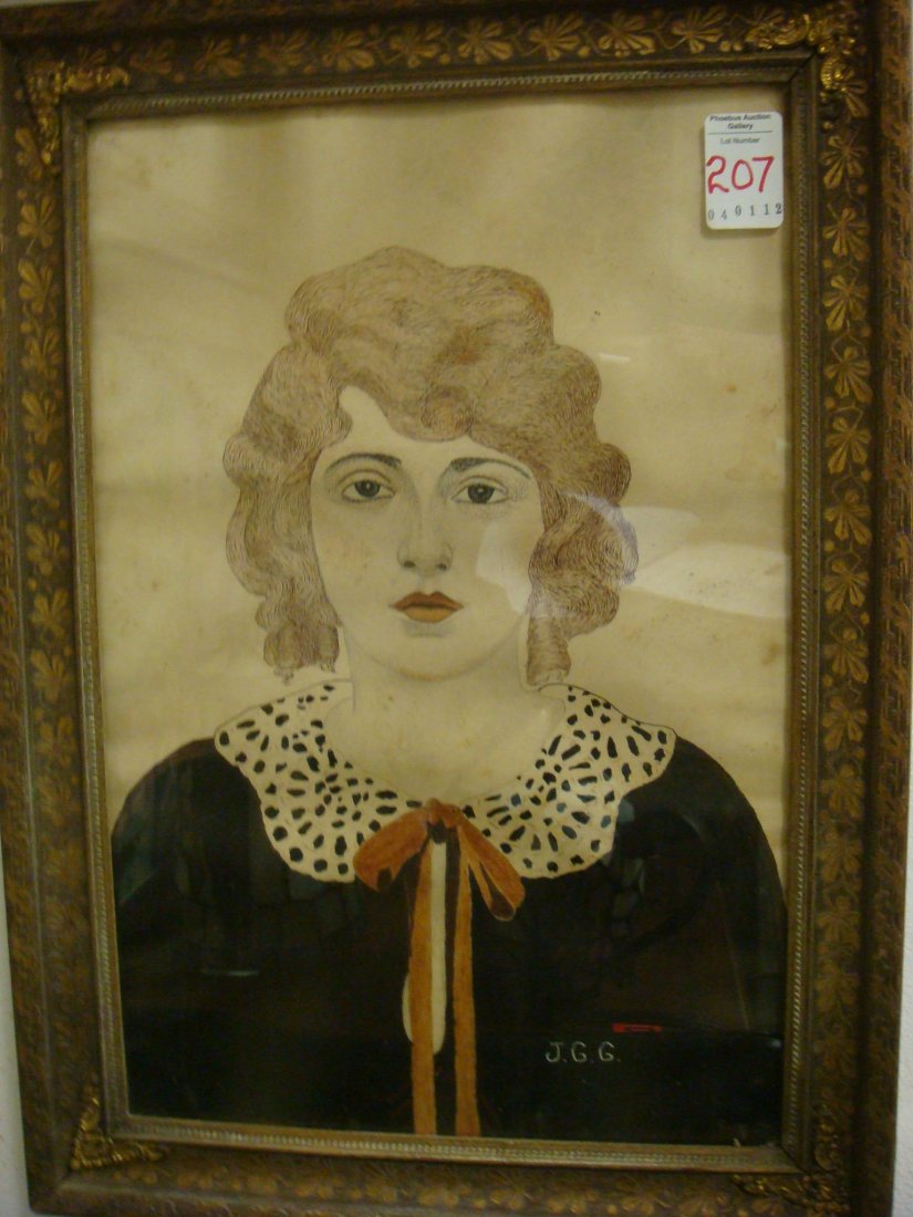 Pen and Ink Portrait On Bristol Board Signed JGG: Pen and Ink Portrait On Bristol Board Signed JGG: 1920's Full Face Portrait with Finger Wave Curls in Black Dress. Initialed LR. Line Carved 1 1/2" Gilt Frame with Embossed Leaves and Applied Swag Cor