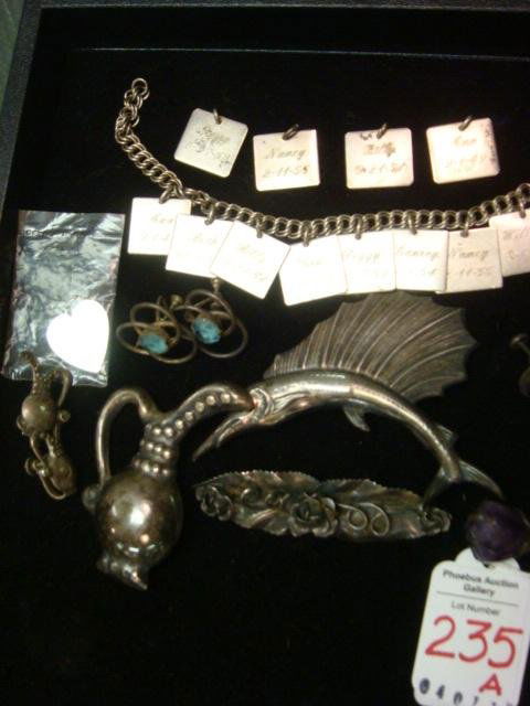 Collection of Vintage Sterling Silver Jewelry 4.1: Collection of Vintage Sterling Silver Jewelry 4.1 ozt: Mexican Silver Pitcher Pin with Matching Earrings, 980 Taxco Leaf with Amethyst, Sterling Leaf with Flowers, Sailfish Pins, 2 Pairs of Screw Earr