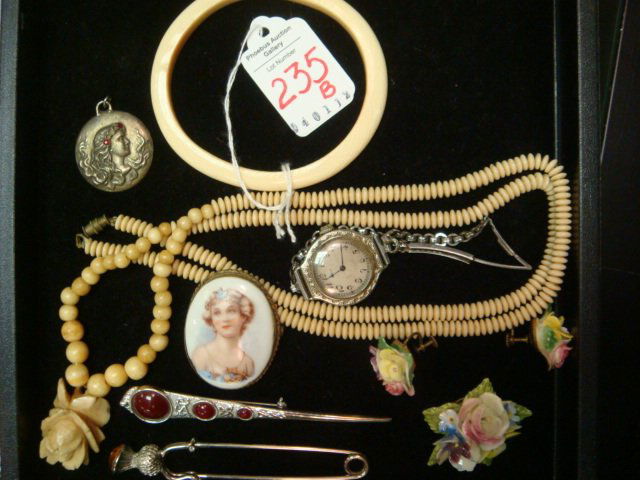 Victorian Ivory, Bone and Collector Jewelry: Victorian Ivory, Bone and Collector Jewelry: Carved Ivory Bangle Bracelet, Bone Bead Necklace with Carved Flower. 2 Kilt Pins, Ladies Elgin Watch in 14kt Gold Filled Case. Porcelain Pin (Chipped), Bra