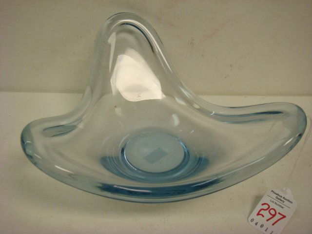 HOLMEGAARD Denmark Free Form Bowl by Per Lutken: HOLMEGAARD Denmark Free Form Bowl by Per Lutken: Initialed and Dated 1961 Ice Blue Bowl is Approximately 9"D. (40-60)