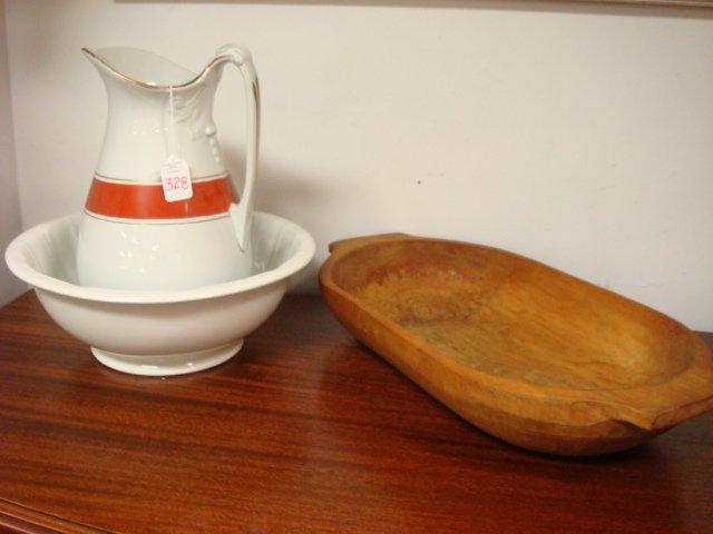 Washbowl, MEAKIN Pitcher and Wooden Dough Bowl:: Washbowl, MEAKIN Pitcher and Wooden Dough Bowl: Washbowl is 13"D, No Marks. Pitcher Marked English Ironstone Meakin is 12"T. Double Handled Carved Dough Bowl is 10 1/2" X 20 1/2". (40-80)